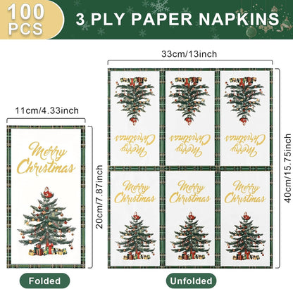 Waipfaru 100 PCS Christmas Tree Paper Napkins Buffalo Plaid Disposable Napkins Christmas Party Supplies Serve 50