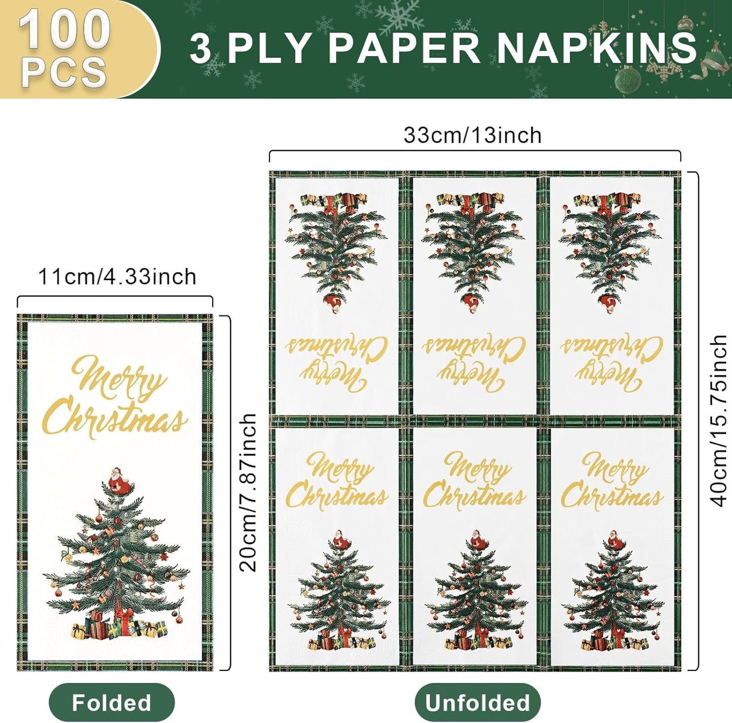 Waipfaru 100 PCS Christmas Tree Paper Napkins Buffalo Plaid Disposable Napkins Christmas Party Supplies Serve 50