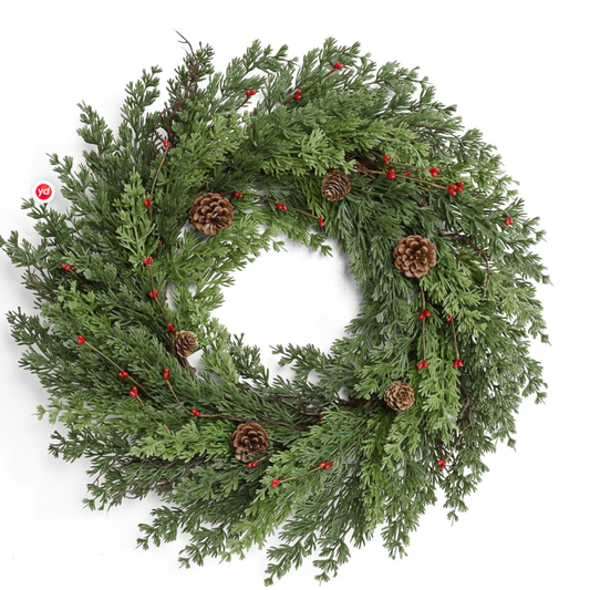Yastouay 24 inch Christmas Wreaths for Front Door, Christmas Norfolk Pine Wreath with Pinecones for Indoor Outdoor Wall Windows Christmas Home Decor