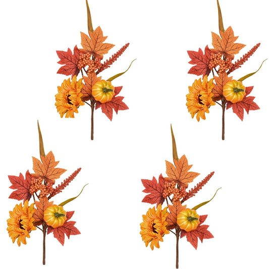 Dolicer 4 Pcs Thanksgiving Fall Decor Artificial Maple Leaves Floral Picks, Fake Pumpkin Stem for Table Centerpiece Decor