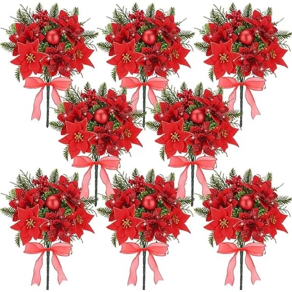 Yastouay 4 Pack Christmas Flowers Poinsettia Artificial Flowers,13.8inch Faux Red Velvet Poinsettia for Indoor Outdoor Christmas Decor
