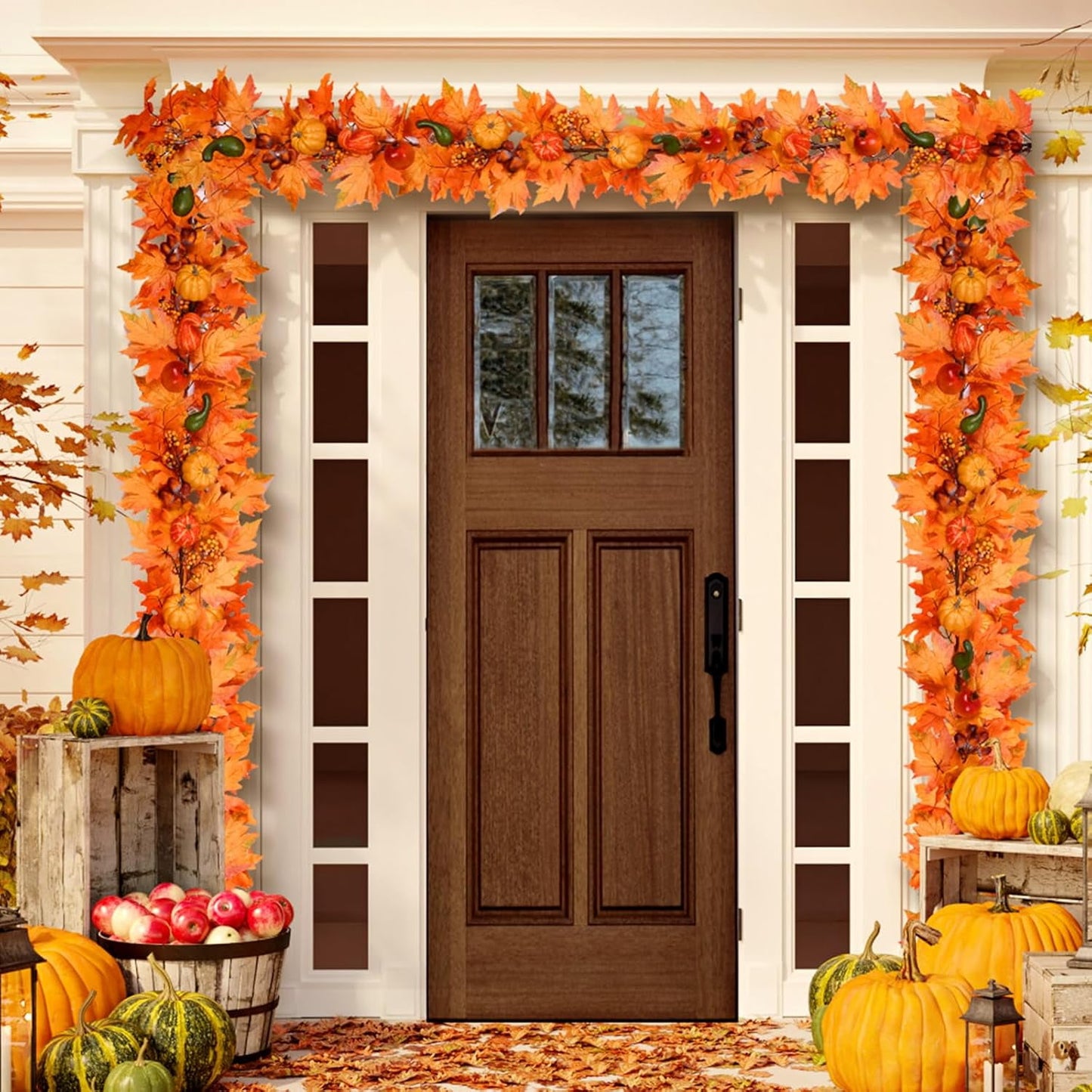 Waipfaru Fall Garland with Lights,6ft Maple Leaf Garland with Pumpkins, Berries&LED Lights,Battery Operated Thanksgiving Garland for Mantel, Fireplace, Tabletop