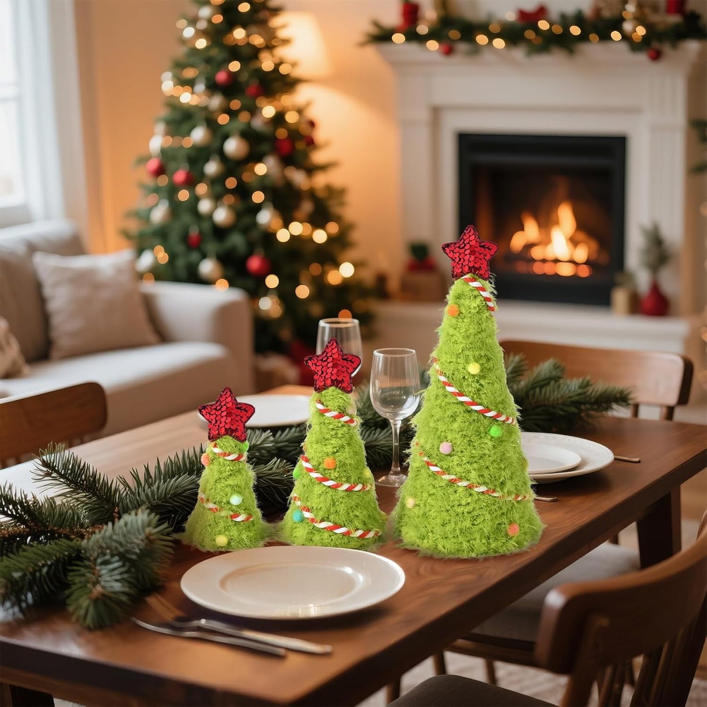 Yastouay 3Pcs Mini Christmas Tree,Lime Green Cristmas Tree,Furry Tabletop Xmas Cone Tree Christmas Decorations