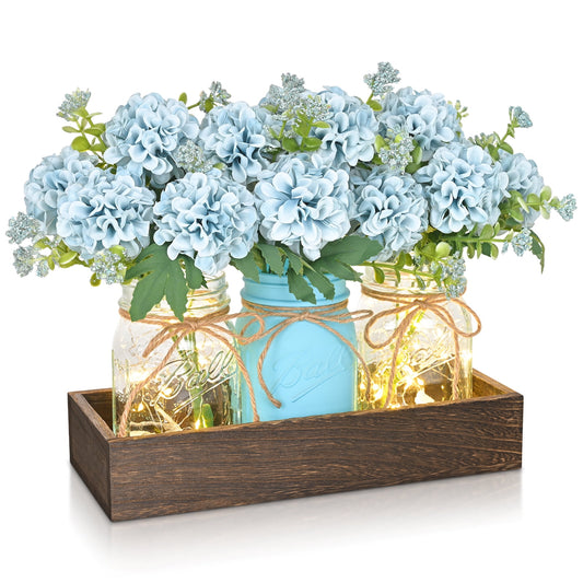 Lyacmy 3 Pcs Hydrangea Artificial Flower in Lighted Mason Jar, Blue Farmhouse Faux Hydrangea Flowers Table Decor Centerpieces Flower Arrangement