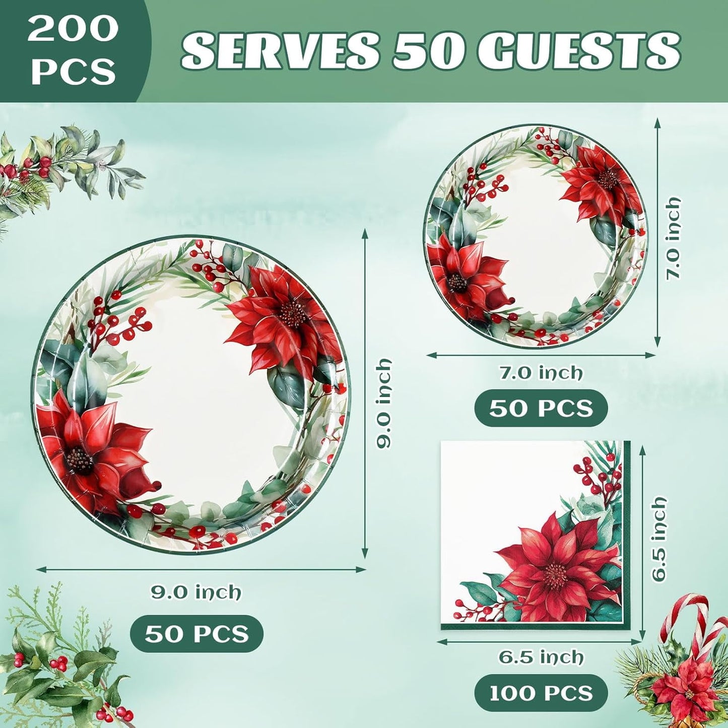 Waipfaru 200 PCS Christmas Paper Plates and Napkins Disposable, Christmas Poinsettia Printed Round Disposable Plates for Christmas Holiday Dinner Birthday Party Supplies