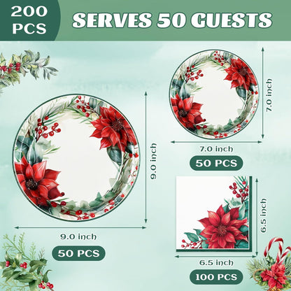 Waipfaru 200 PCS Christmas Paper Plates and Napkins Disposable, Christmas Poinsettia Printed Round Disposable Plates for Christmas Holiday Dinner Birthday Party Supplies