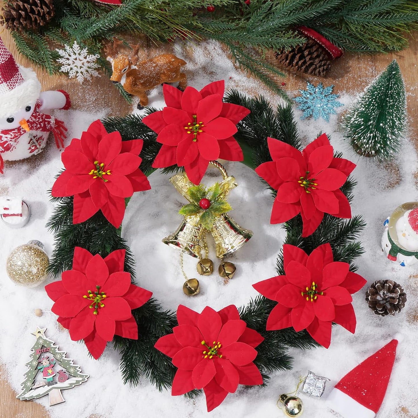 Waipfaru 8pcs Artificial Poinsettia Bushes,14 inch Faux Red Velvet Poinsettia Flowers for Indoor Outdoor Christmas Tree Home Porch Decorations