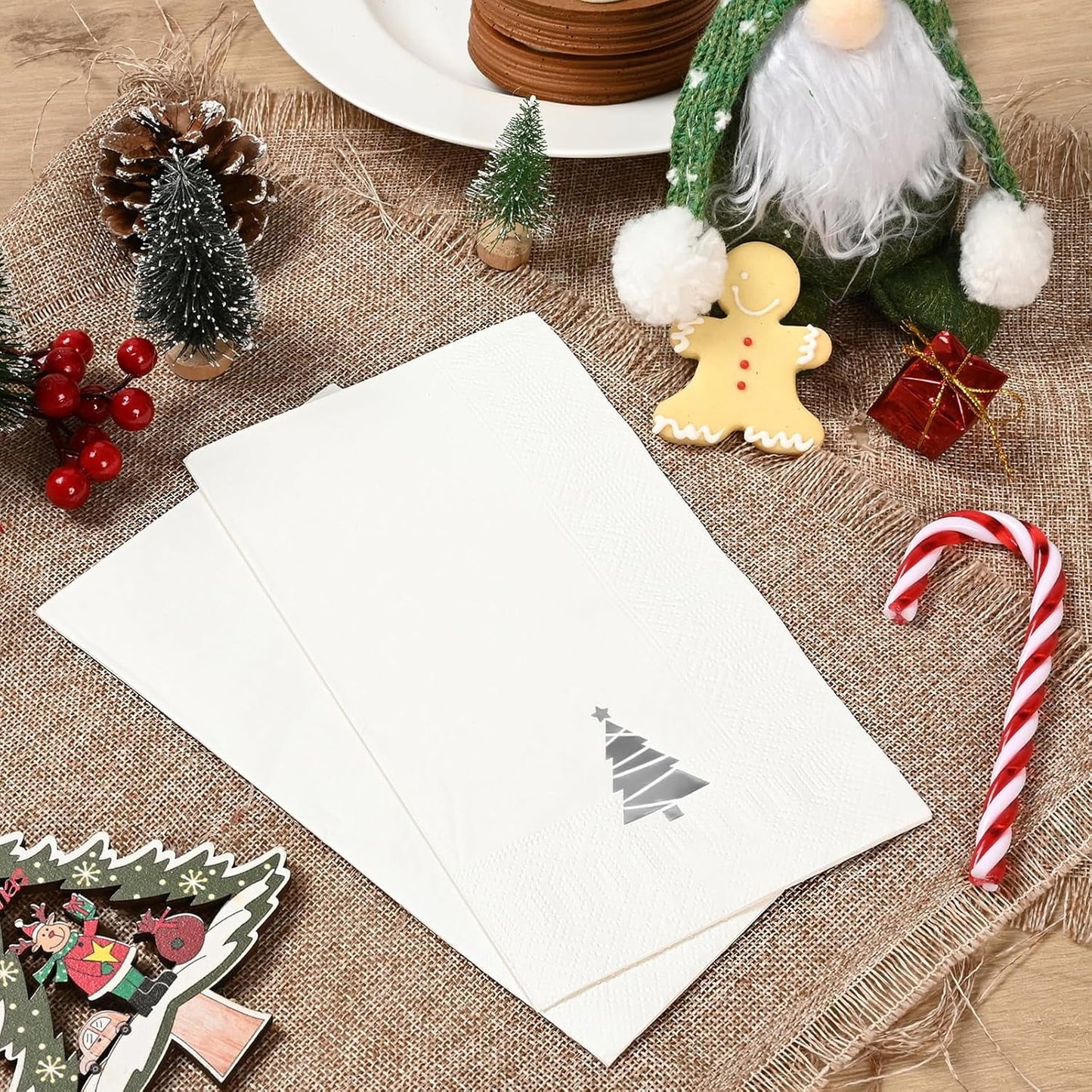 Waipfaru 100 PCS White Christmas Paper Napkins 3-Ply Silver Christmas Tree Disposable Napkins for Xmas Winter Holiday