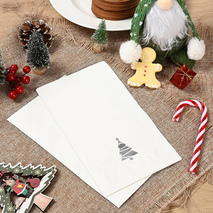 Waipfaru 100 PCS White Christmas Paper Napkins 3-Ply Silver Christmas Tree Disposable Napkins for Xmas Winter Holiday