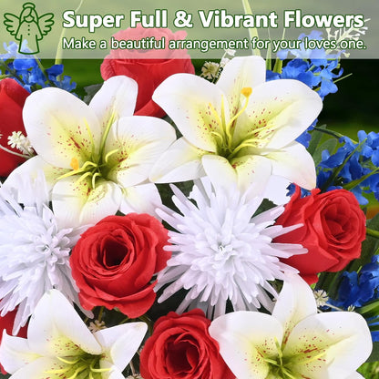 Yastouay Set of 2 Artificial Cemetery Flowers with Vase, Rose Lily Bouquet Memorial Day Flowers with 2 American Flag