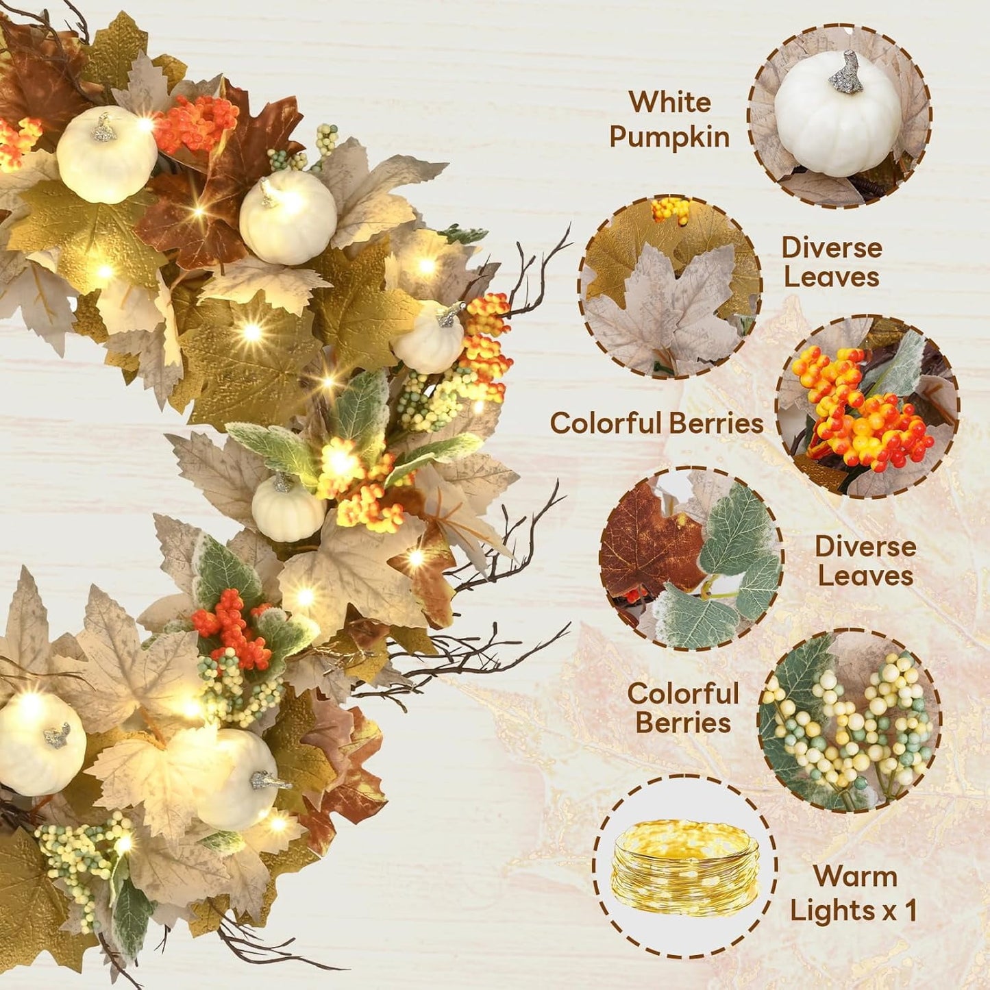 Waipfaru Lighted Fall Garland with Maple Leaves White Pumpkins Berry,6FT Artificial Autumn Fall Decor for Thanksgiving