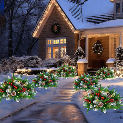 Waipfaru Set of 2 Lighted Artificial Christmas Urn Filler,21inch Pre-lit Xmas Pine Trees with Cones,Red Berries,Tripod Stake and 50 LED Lights,Outdoor Holiday Home Decor