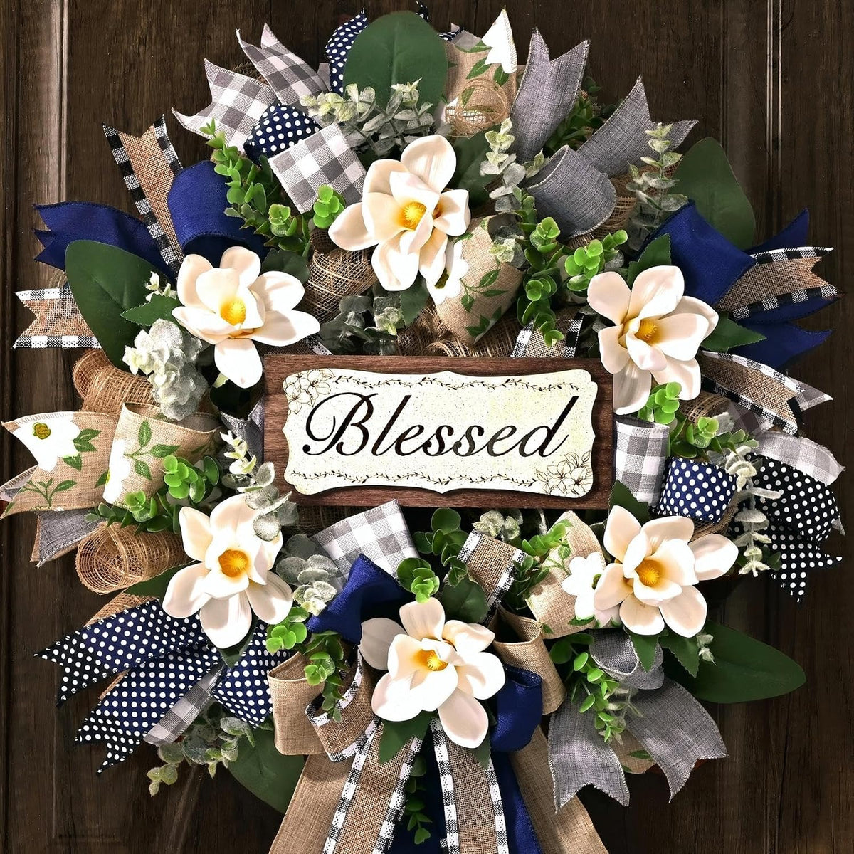 Yastouay 22 Inch Spring Wreaths for Front Door,Magnolia Wreath Buffalo Plaid Door Wreath for Farmhouse Decor