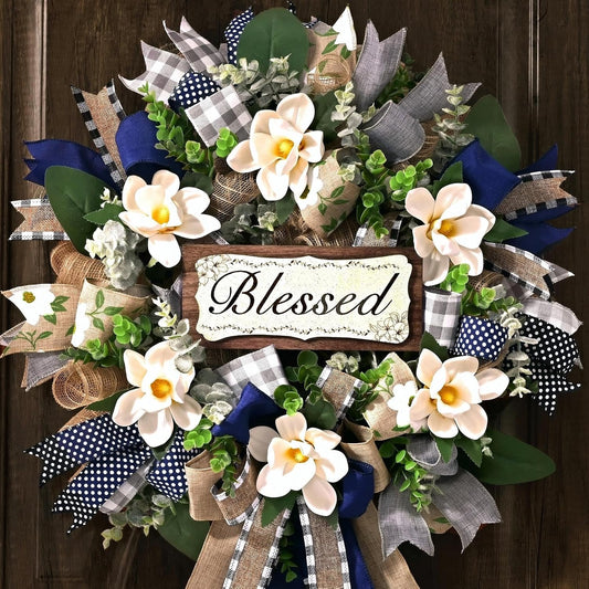 Yastouay 22 Inch Spring Wreaths for Front Door,Magnolia Wreath Buffalo Plaid Door Wreath for Farmhouse Decor