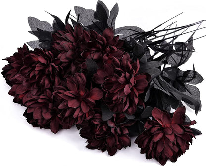Lyacmy 10 Pcs 16 Inch Halloween Decor Silk Dahlias Stems Artificial Flowers, Faux Halloween Flowers Arrangements Fall Decorations