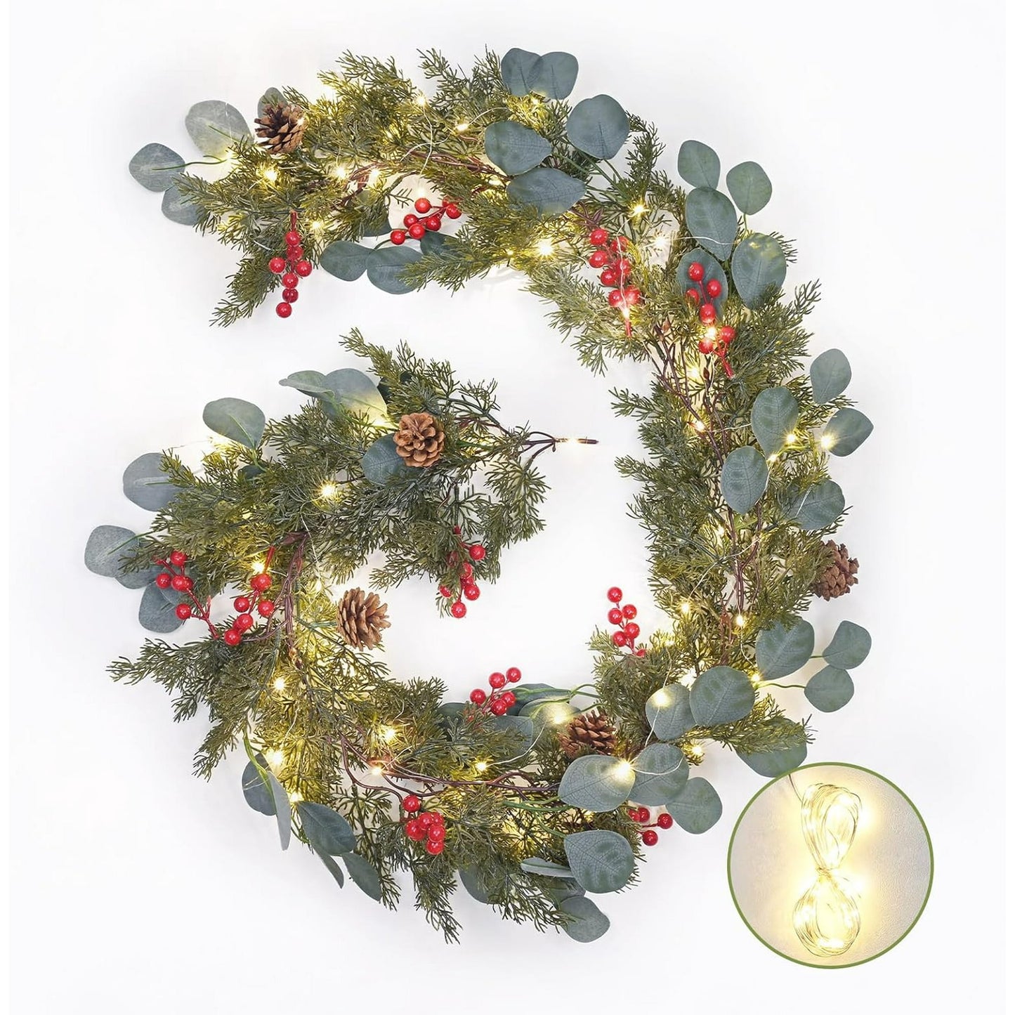 Dolicer 5.7 Ft Christmas Garland with Lights, Pre-lit Cypress Garland Christmas Decorations, Artificial Berries Eucalyptus Garland for Indoor Outdoor