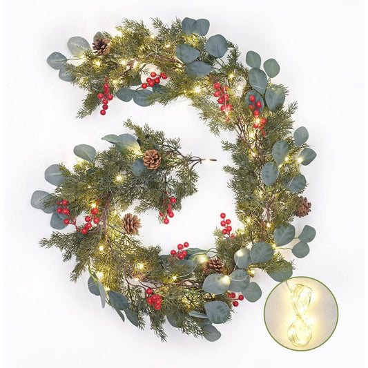 Dolicer 5.7 Ft Christmas Garland with Lights, Pre-lit Cypress Garland Christmas Decorations, Artificial Berries Eucalyptus Garland for Indoor Outdoor