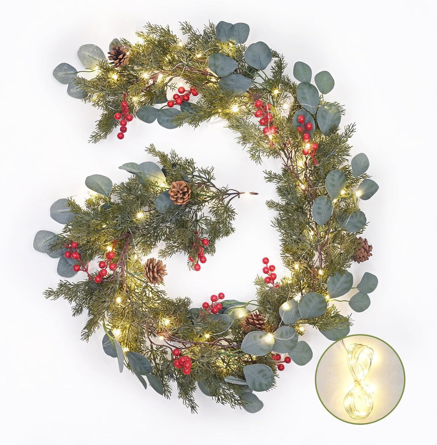 Dolicer 5.7 Ft Christmas Garland with Lights, Pre-lit Cypress Garland Christmas Decorations, Artificial Berries Eucalyptus Garland for Indoor Outdoor