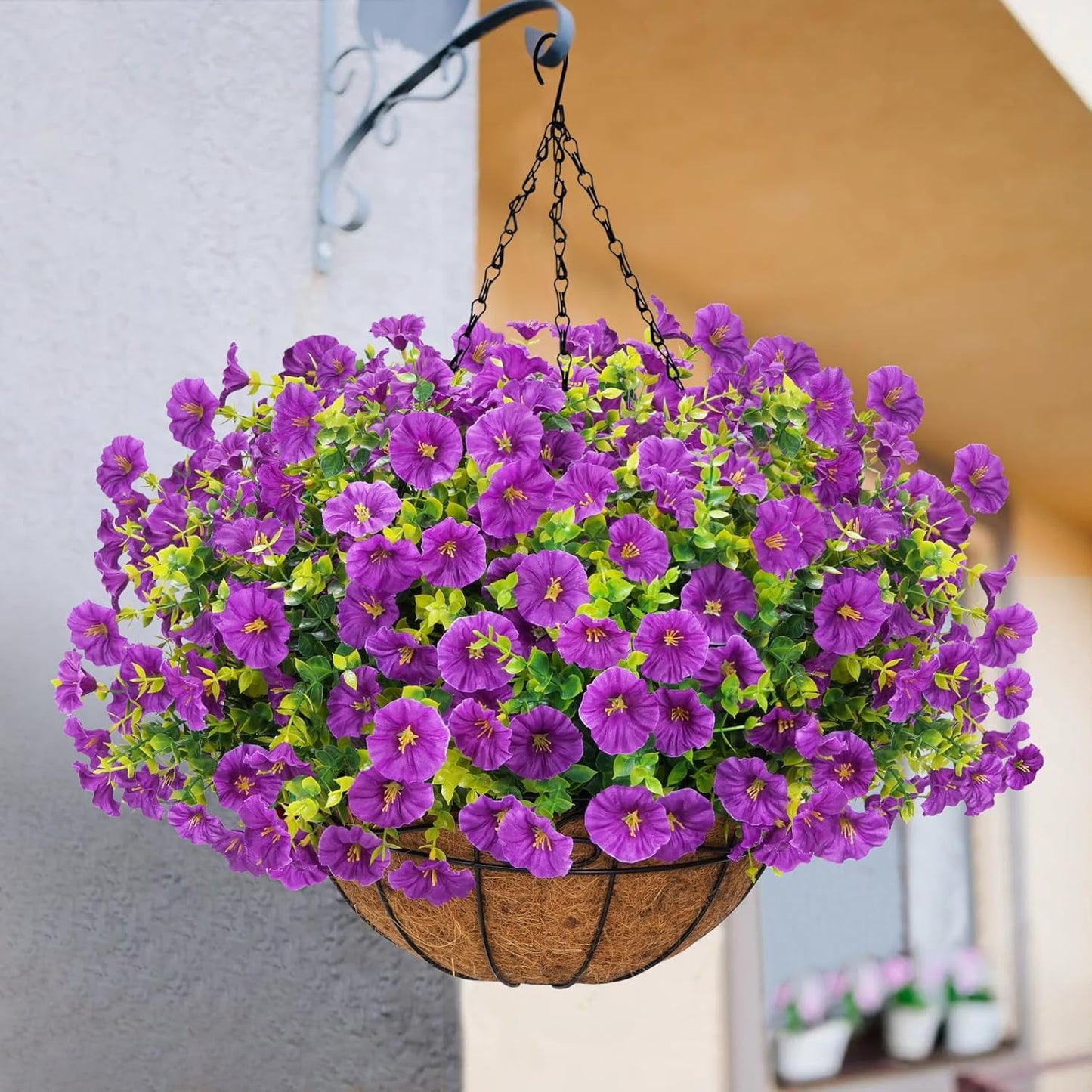 Lyacmy Artificial Hanging Flowers in Basket for Indoor Outdoor, Fake Boxwood Petunias with Eucalyptus Leaves with 20Inch Coconut Lining Chain Flowerpot