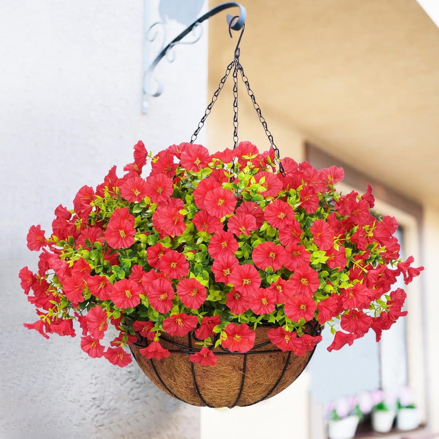 Lyacmy Artificial Hanging Flowers in Basket for Indoor Outdoor, Fake Boxwood Petunias with Eucalyptus Leaves with 20Inch Coconut Lining Chain Flowerpot