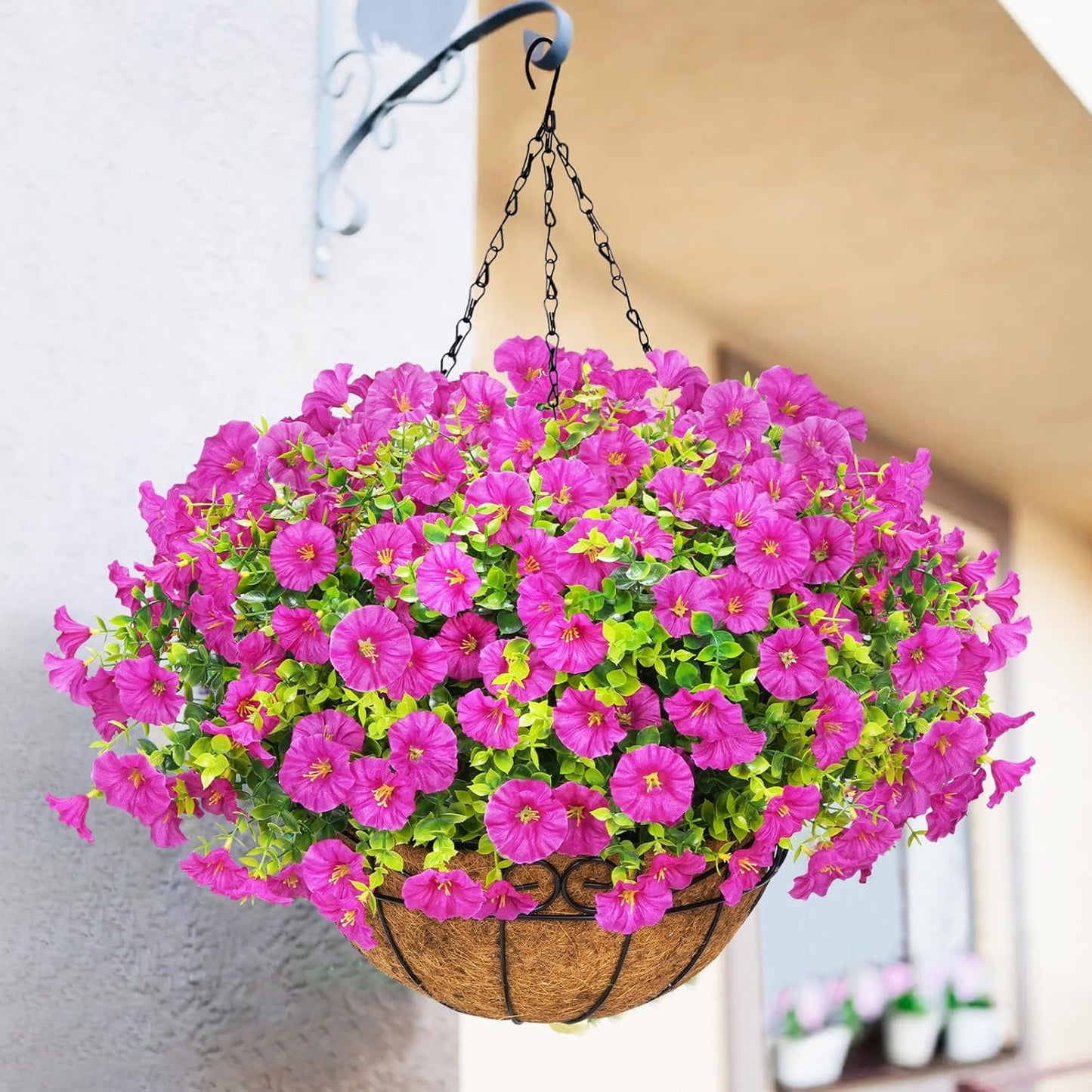 Lyacmy Artificial Hanging Flowers in Basket for Indoor Outdoor, Fake Boxwood Petunias with Eucalyptus Leaves with 20Inch Coconut Lining Chain Flowerpot
