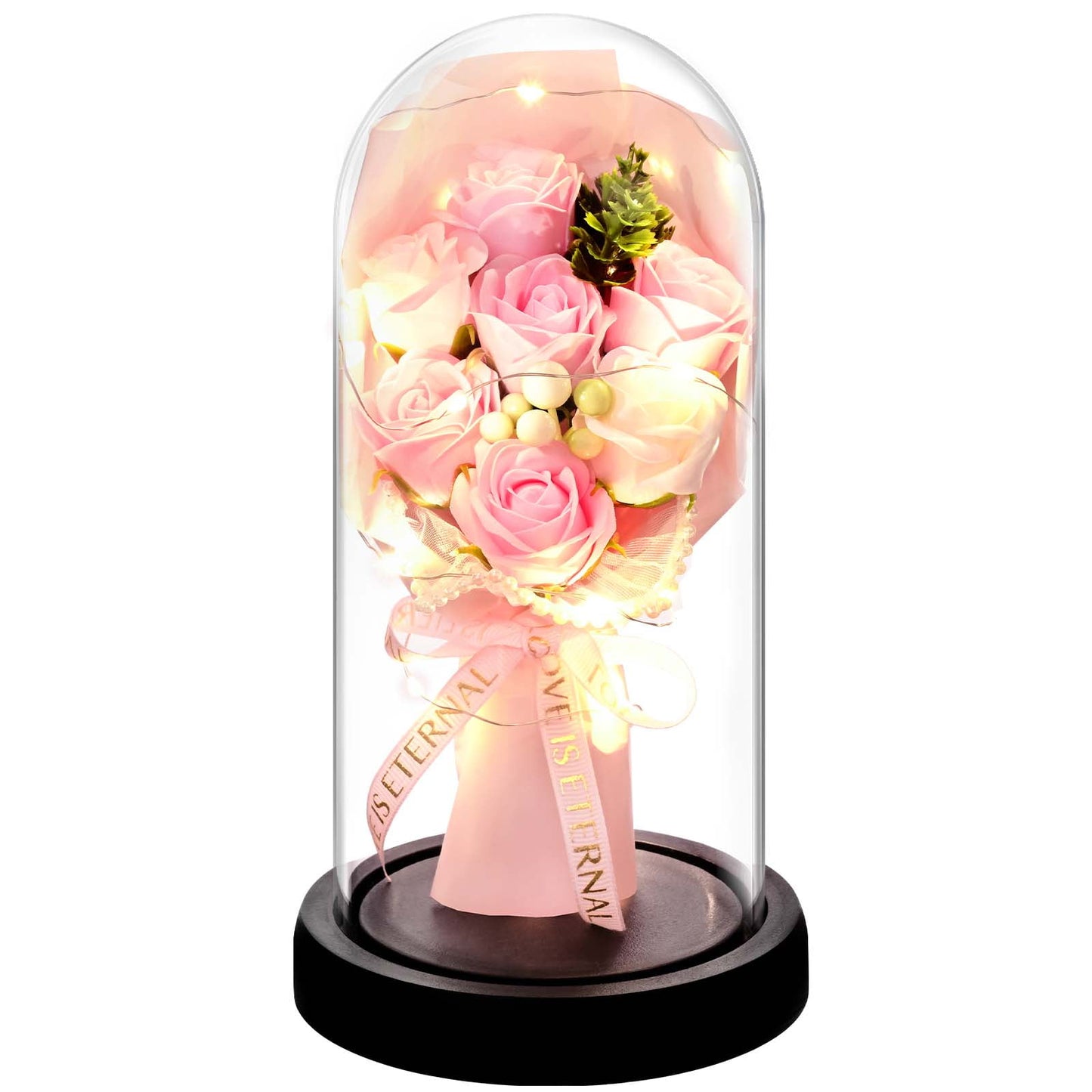 Dolicer Preserved Flowers Bouquet,Preserved Flower in Glass Dome,Eternal Rose Gifts for Valentine's Day,Mother's Day,Anniversary(Pink)