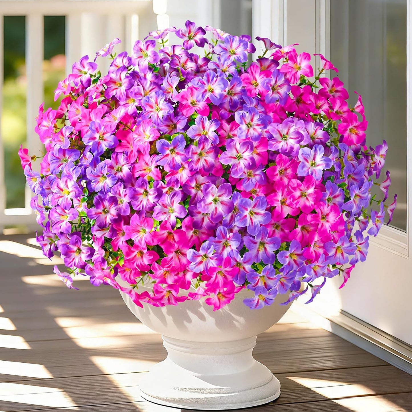 Yastouay 12 Bundles Artificial Petunias Flowers for Outdoors,UV Resistant Fake Flowers for Planters,Purple White Faux Petunias Silk Flowers for Proch Garden Yard Decor