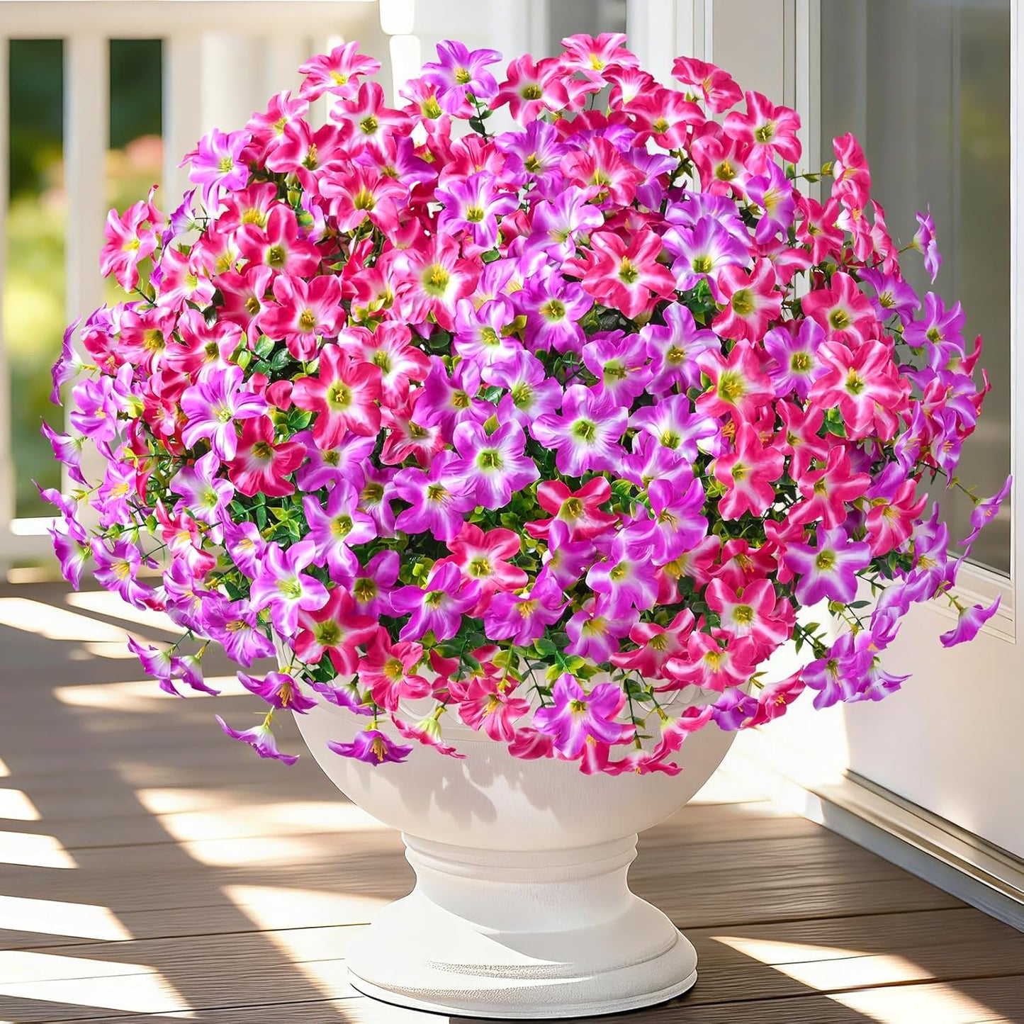 Yastouay 12 Bundles Artificial Petunias Flowers for Outdoors,UV Resistant Fake Flowers for Planters,Purple White Faux Petunias Silk Flowers for Proch Garden Yard Decor