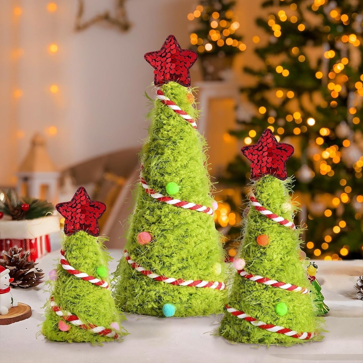 Yastouay 3Pcs Mini Christmas Tree,Lime Green Cristmas Tree,Furry Tabletop Xmas Cone Tree Christmas Decorations