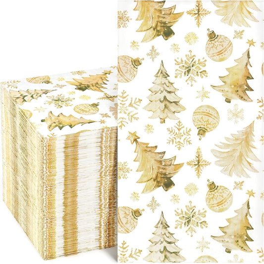 Waipfaru 100 PCS Christmas Paper Napkins 3-Ply Gold Snowflake Disposable Paper Hand Towels for Xmas Winter Holiday