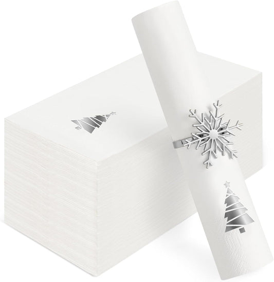 Waipfaru 100 PCS White Christmas Paper Napkins 3-Ply Silver Christmas Tree Disposable Napkins for Xmas Winter Holiday