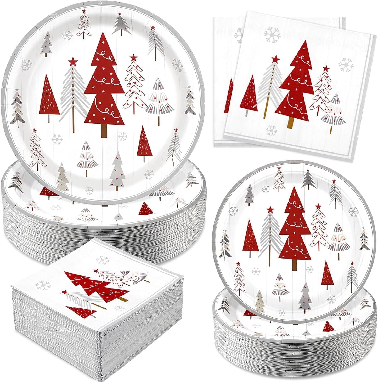 Waipfaru 200 PCS Christmas Paper Plates and Napkins Disposable, Christmas Poinsettia Printed Round Disposable Plates for Christmas Holiday Dinner Birthday Party Supplies