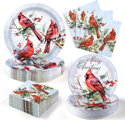 Waipfaru 200 PCS Christmas Paper Plates and Napkins Disposable, Christmas Poinsettia Printed Round Disposable Plates for Christmas Holiday Dinner Birthday Party Supplies