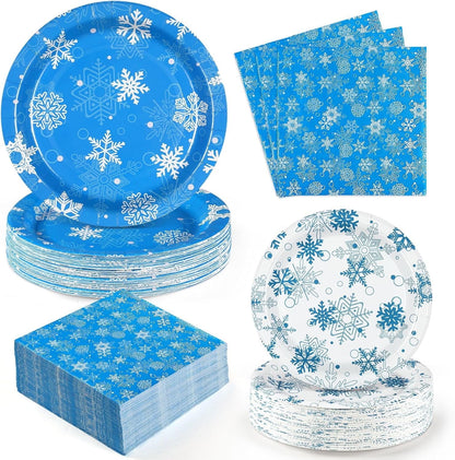 Waipfaru 200 PCS Christmas Party Supplies Disposable Plates Napkins Set,Blue Christmas Tableware Set Dinner Lunch Dessert Appetizer Decoration Xmas Party, Serve 50