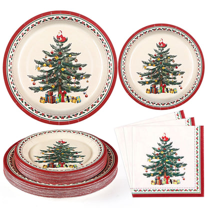 Waipfaru 200 Pcs Merry Christmas Dinnerware Set,Christmas Tree Paper Plates, Napkins & Party Supplies for 50 Guests