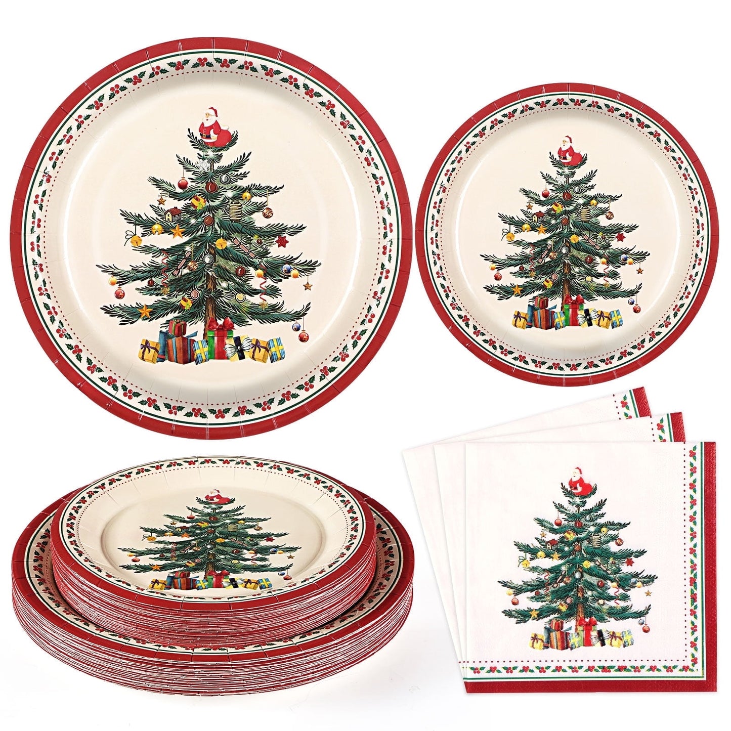 Waipfaru 200 Pcs Merry Christmas Dinnerware Set,Christmas Tree Paper Plates, Napkins & Party Supplies for 50 Guests