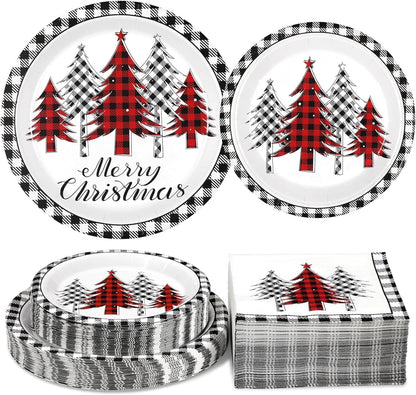 Waipfaru 200 Pcs Merry Christmas Dinnerware Set,Christmas Tree Paper Plates, Napkins & Party Supplies for 50 Guests