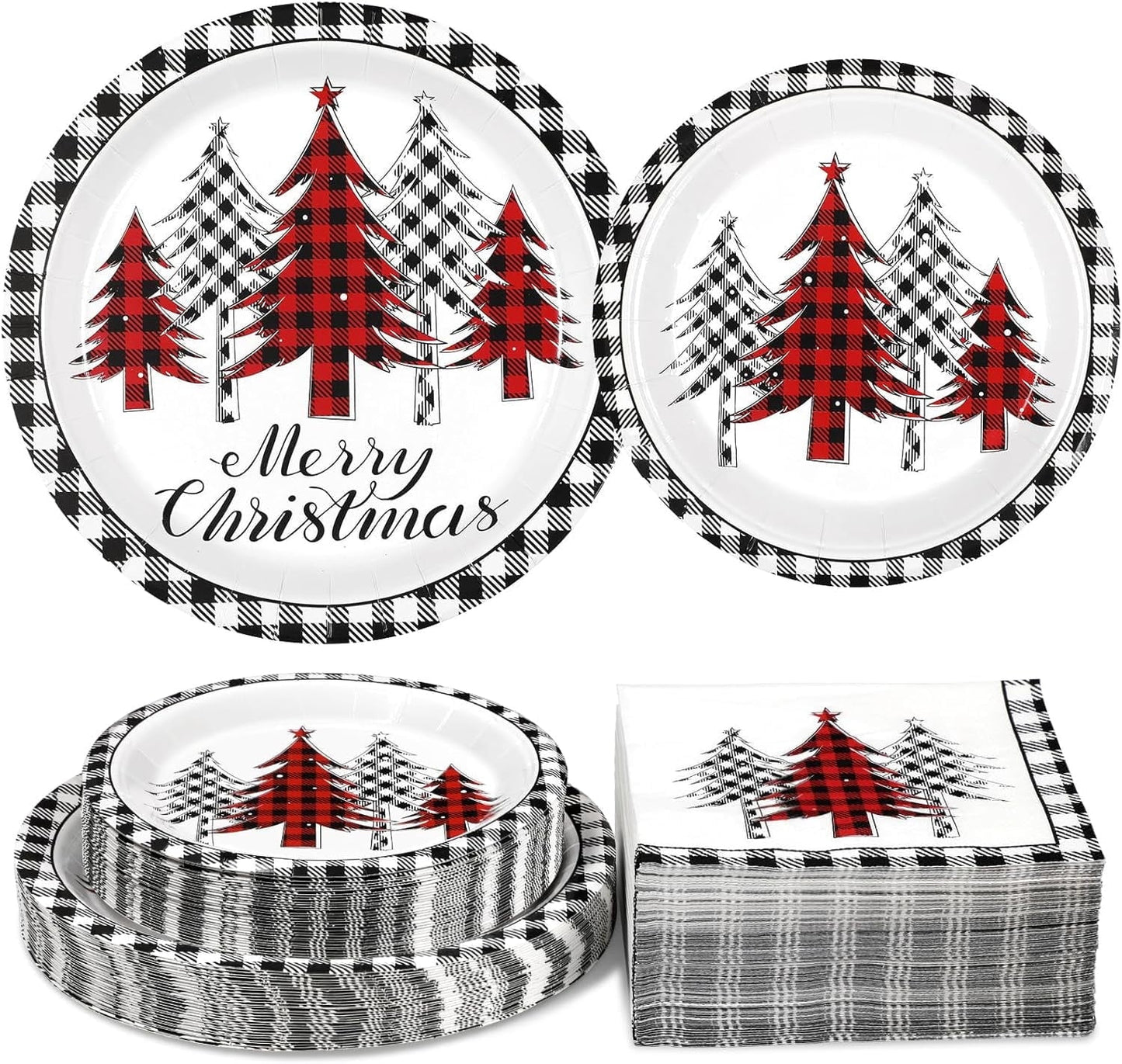 Waipfaru 200 Pcs Merry Christmas Dinnerware Set,Christmas Tree Paper Plates, Napkins & Party Supplies for 50 Guests