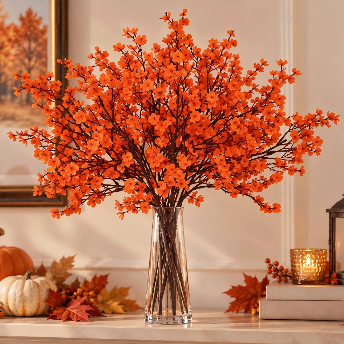 Yastouay 5 Pcs Fake Fall Flowers,20 Inch Real Touch Baby's Breath Artificial Flowers for Home Fall Decor,Champagne