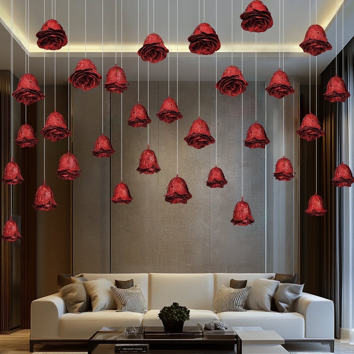 Lyacmy Valentine's Day Decor Artificial Rose Head Hanging Flower for Decorations Ceiling, Fake Pink Rose Flower with Fishing Line