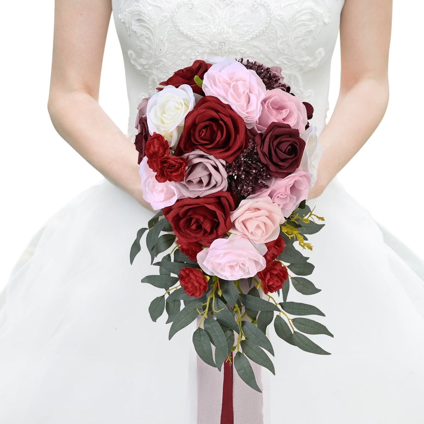 Lyacmy Blue Bridal Bouquet Cascading,Wedding Bouquets for Bride, 15.4 Inch Artificial Rose Bride Flowers Bouquets