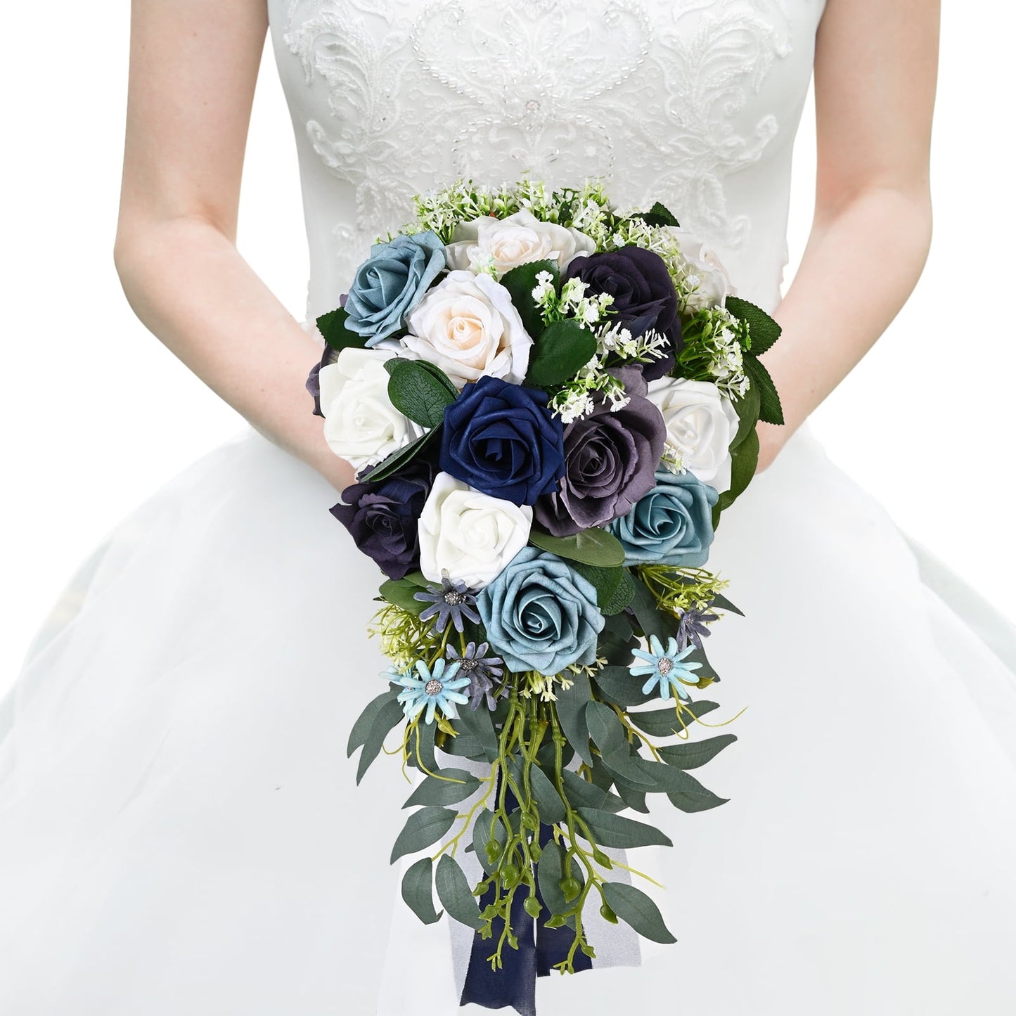 Lyacmy Blue Bridal Bouquet Cascading,Wedding Bouquets for Bride, 15.4 Inch Artificial Rose Bride Flowers Bouquets
