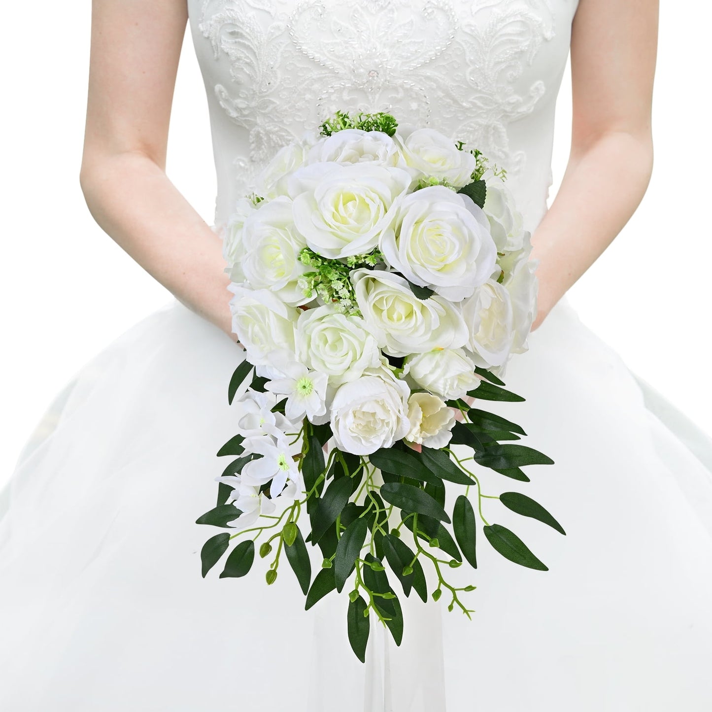 Lyacmy Blue Bridal Bouquet Cascading,Wedding Bouquets for Bride, 15.4 Inch Artificial Rose Bride Flowers Bouquets