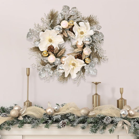 Lyacmy 18 Inch Pre-lit Christmas Wreath for Front Door, Artificial Flocked Christmas Wreaths with LED Lights for Outdoor Home Decorations