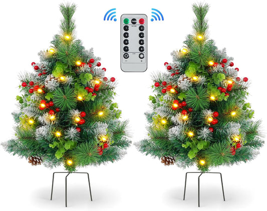 Lyacmy 2 Pack 30 Inch Pre-Lit Pathway Christmas Trees, Upgrade Artificial Xmas Urn Filler with 60 LED Lights Outdoor Christmas Tree Decorations for Porch