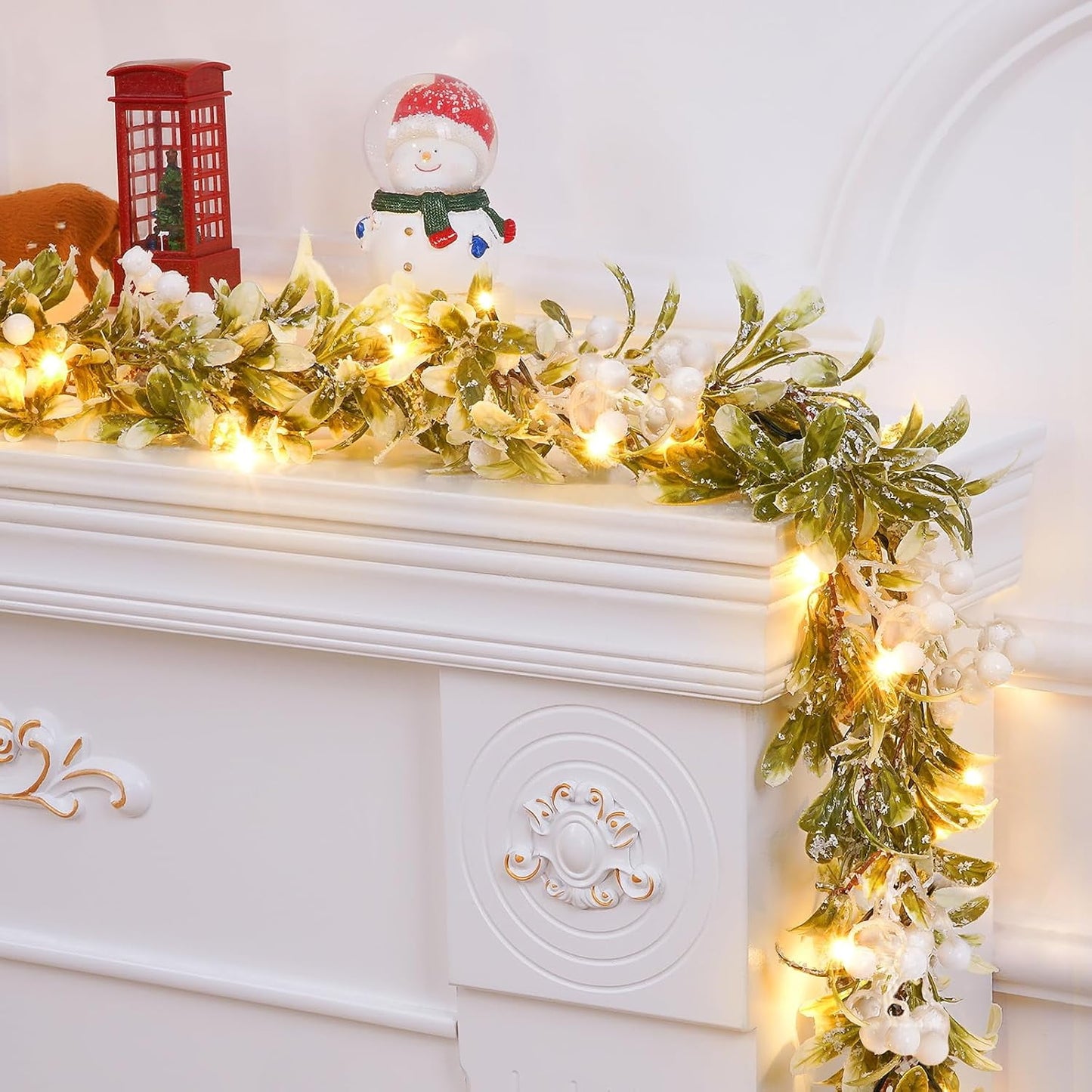 Lyacmy 5.9 FT Pre-lit Christmas Garland with 20 LED Lights,Lighted Garland Decorated with Snowflakes for Mantle Stairs Wall, Battery Operated Olive Greenery Garland for Christmas Decor