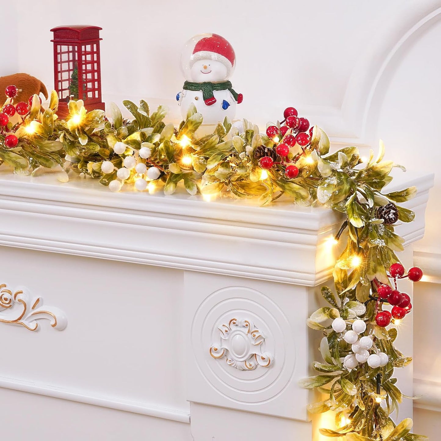 Lyacmy 5.9 FT Pre-lit Christmas Garland with 20 LED Lights,Lighted Garland Decorated with Snowflakes for Mantle Stairs Wall, Battery Operated Olive Greenery Garland for Christmas Decor