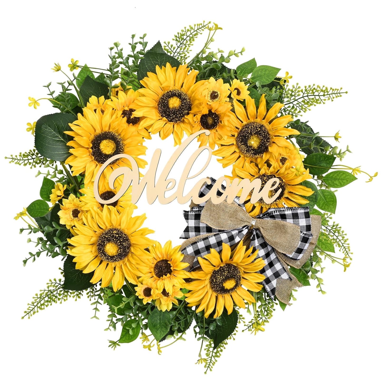 Lyacmy 20 Inch Spring Wreaths for Front Door, Sunflower Wreath, Farmhouse Summer Welcome Door Wreaths with Bow for Front Porch Patio Window Decor