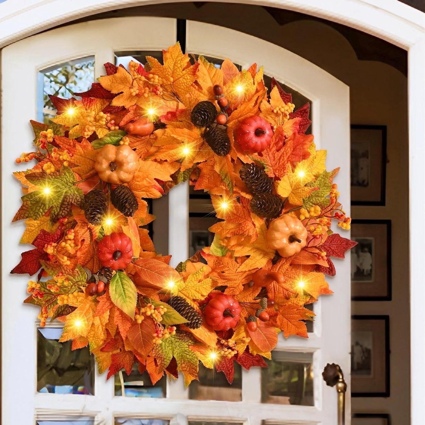 Lyacmy Fall Wreaths for Front Door, Autumn Pumpkins Maple Leaf Wreath with Pine Cones Wall Thanksgiving Fall Decorations