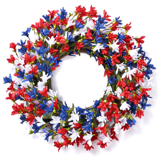 Lyacmy 4th of July Wreath for Front Door Patriotic Wreath, 22 Inch Door Wreath Red White Blue Wreath Forsythia Wreath for Independence Day Memorial Day Party Supplies Decorations